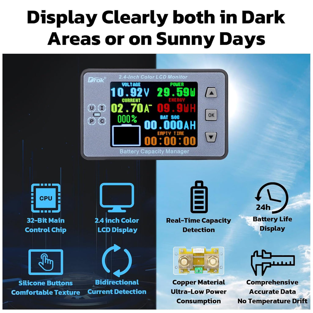 Digital Multimeter, DC 8-100V 100A Battery Monitor 12V 24V 36V 48V 60V Volt Amp Watt Meter, Big Color Screen LCD