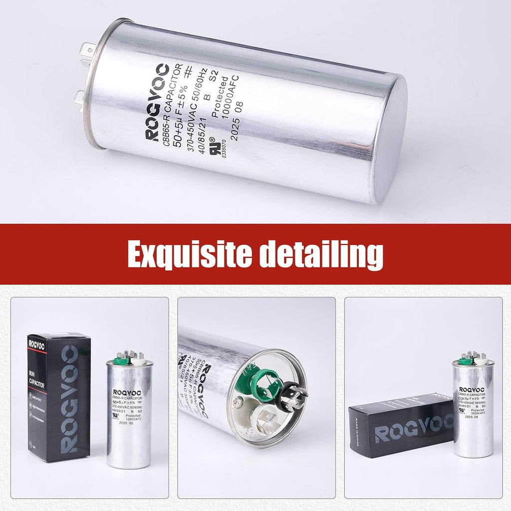 50+5 uF 50/5 MFD ±5% 370/440V CBB65 UL Certified Round Start Capacitor, Dual Run Capacitor for AC Compressor and Fan Motor, Replacement for Air Conditioner Condenser or Heat Pump Systems