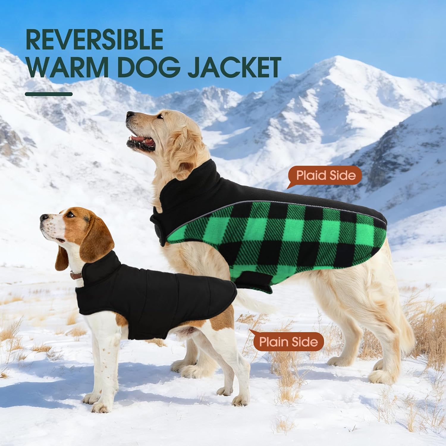 Dog Winter Coat, Reversible Waterproof Dog Jacket with Reflective Strip, Warm Dogs Fleece Vest Adjustable Doggy Cold