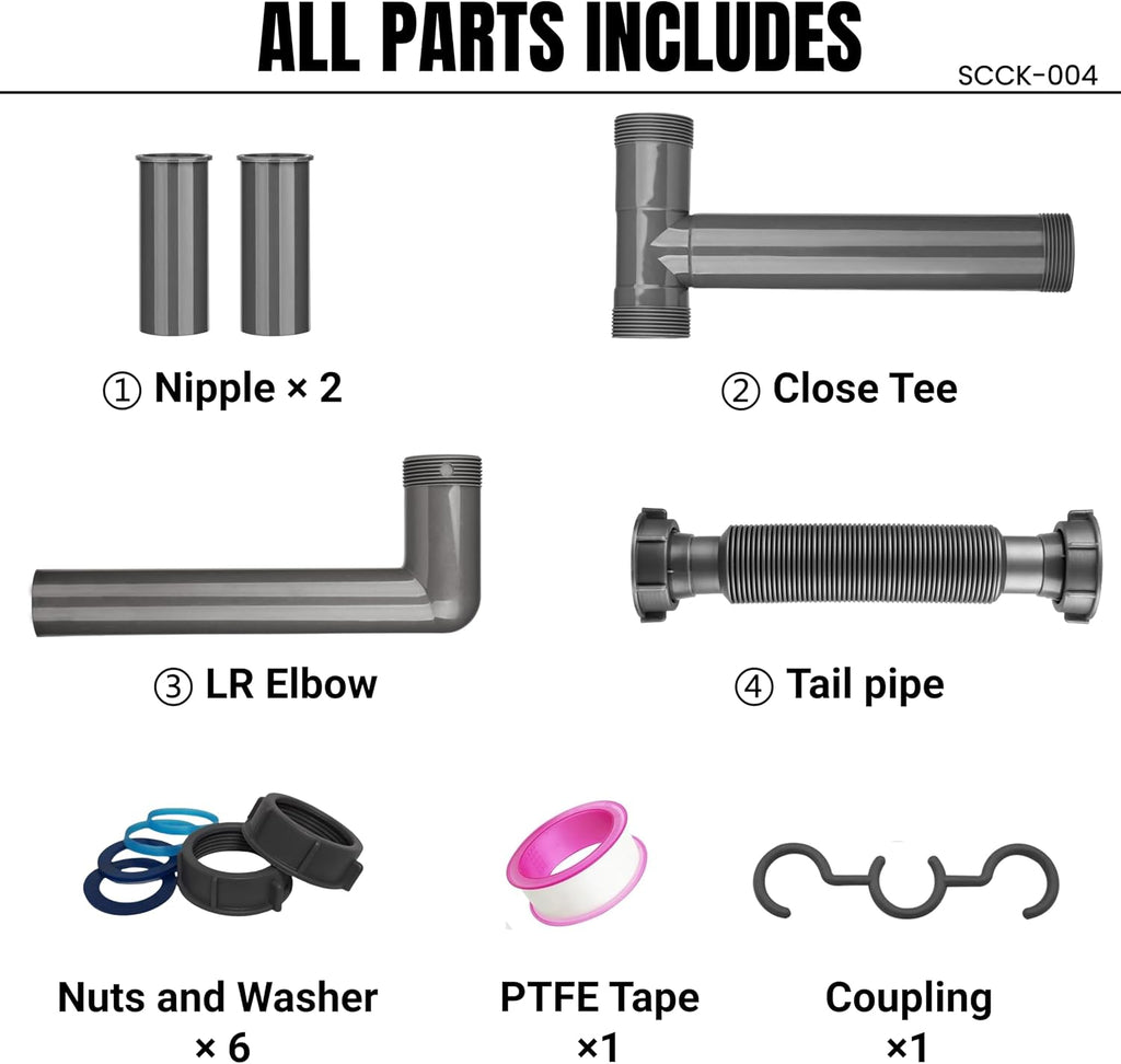Double Bowl Kitchen Sink Drain Kit – End Outlet Waste for 1-1/2 Inch Drains – Adjustable Width (11" to 18") – PP