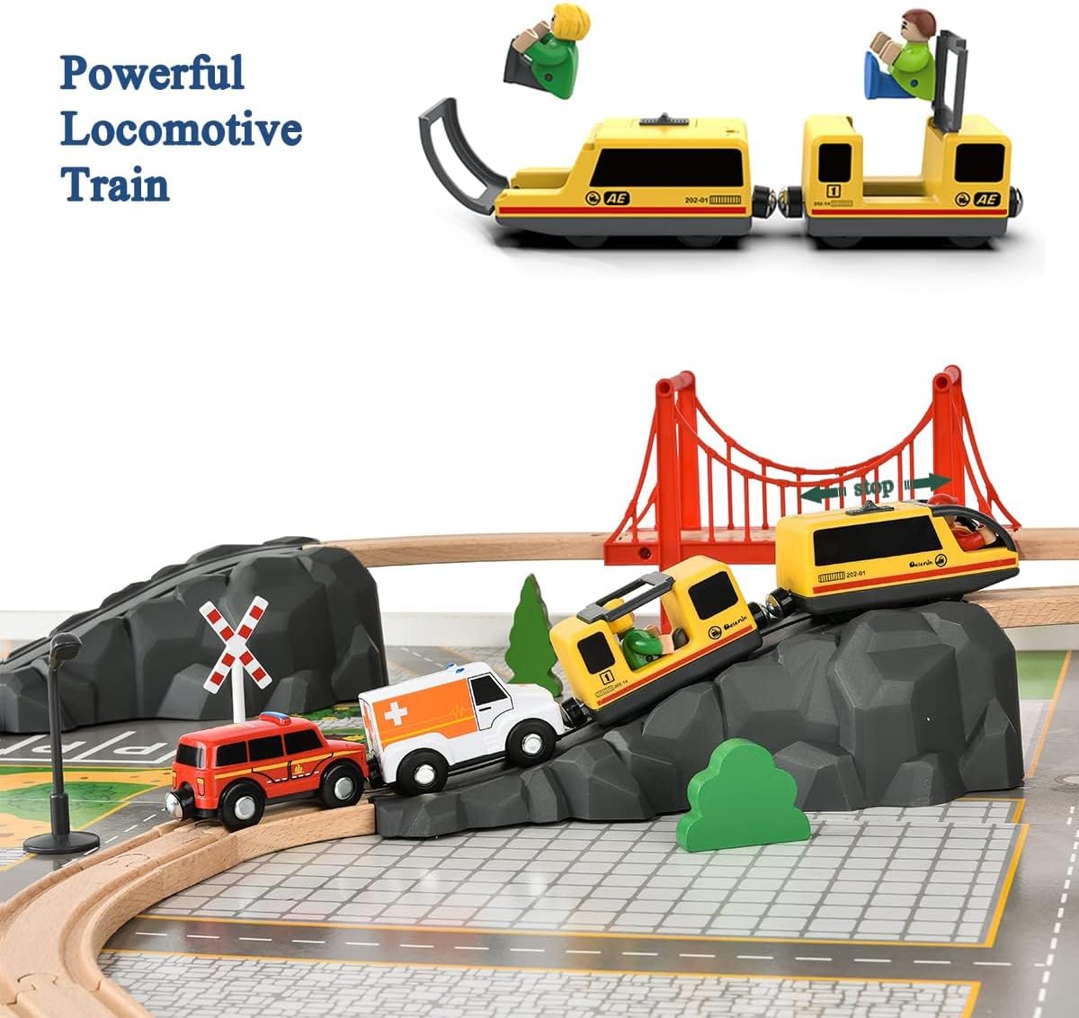 72PCS Fire Station Wooden Train Track Electric Train Set, Gift Packed Toy Railway Kits for Kids, Toddler Boys and