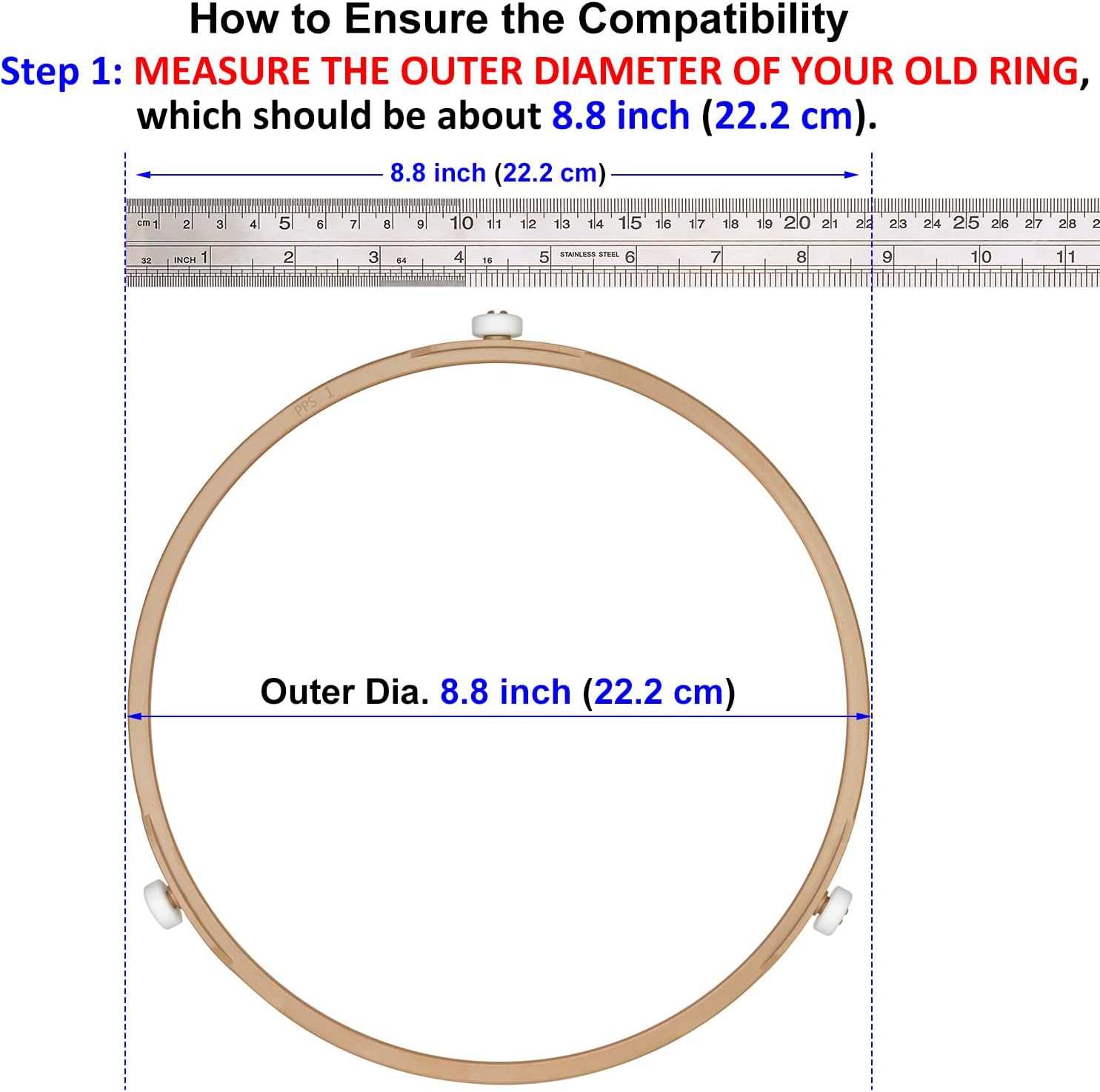 8.8" Microwave Turntable Ring with 15 mm Rollers, Oven Tray Support, Glass Plate Rotating Ring - Outer Diameter 8.8