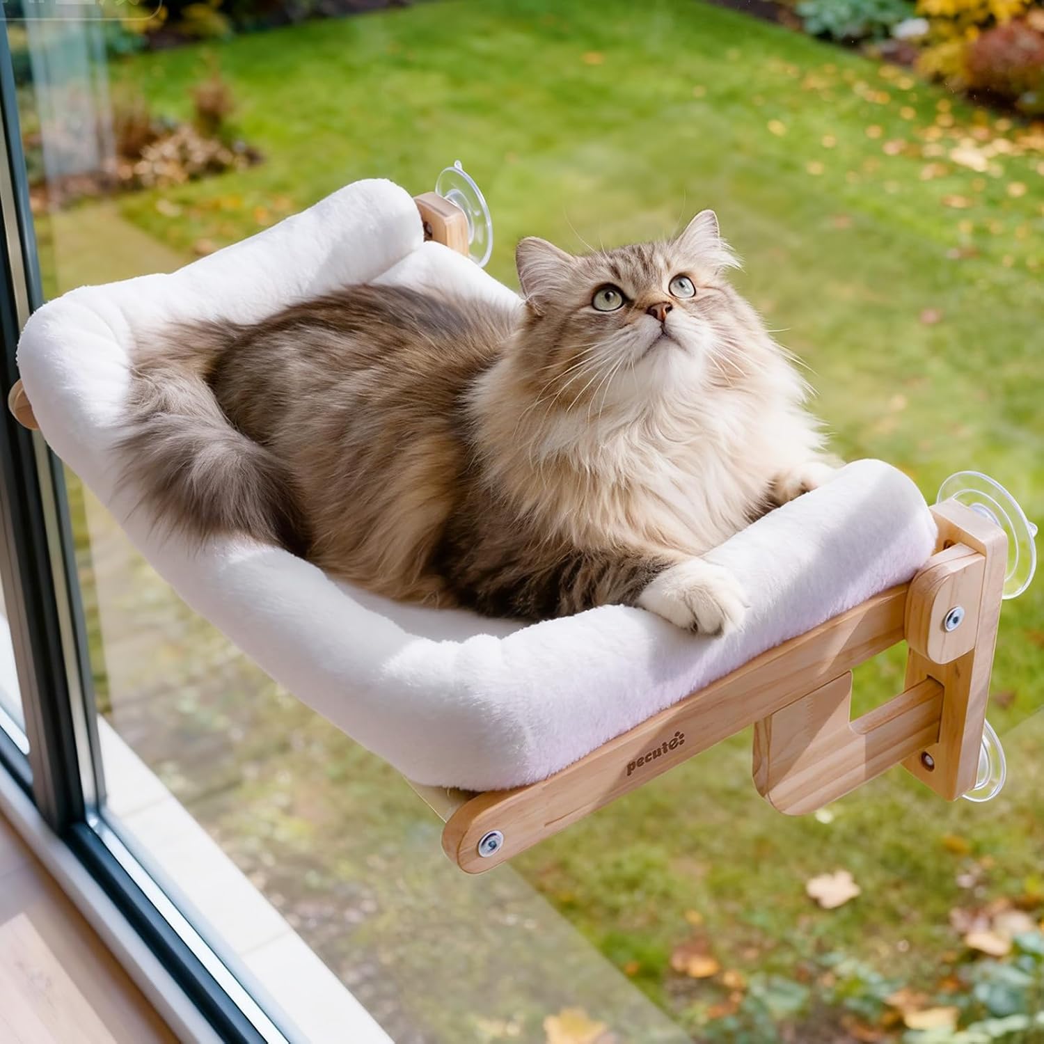 Foldable Cat Window Perch, Cloud-Soft Cat Bed with Solid Wood Frame, Strong Suction Cup, Washable Cushion, Stable
