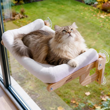 Foldable Cat Window Perch, Cloud-Soft Cat Bed with Solid Wood Frame, Strong Suction Cup, Washable Cushion, Stable