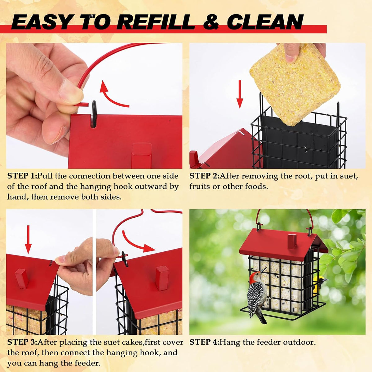 All-Metal Double Suet Bird Feeder for Outdoors Hanging, Red Roof