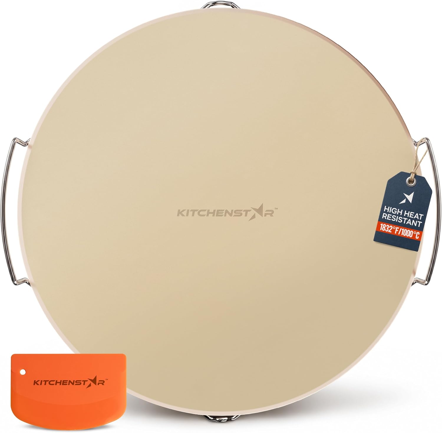 16-inch Pizza Stone for Oven and BBQ Grill with Handles, Round, 5/8" Thick - Natural Cordierite, 1800 °F Resistant