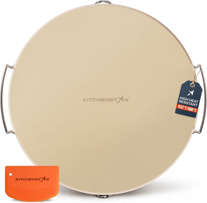 16-inch Pizza Stone for Oven and BBQ Grill with Handles, Round, 5/8" Thick - Natural Cordierite, 1800 °F Resistant