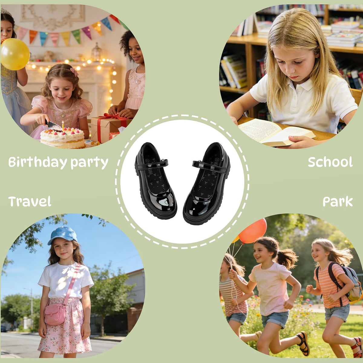 Girls School Shoes, Black Mary Jane Flats with Bow | Round Toe, Non-Slip Sole, School Uniform, Dress Outfits
