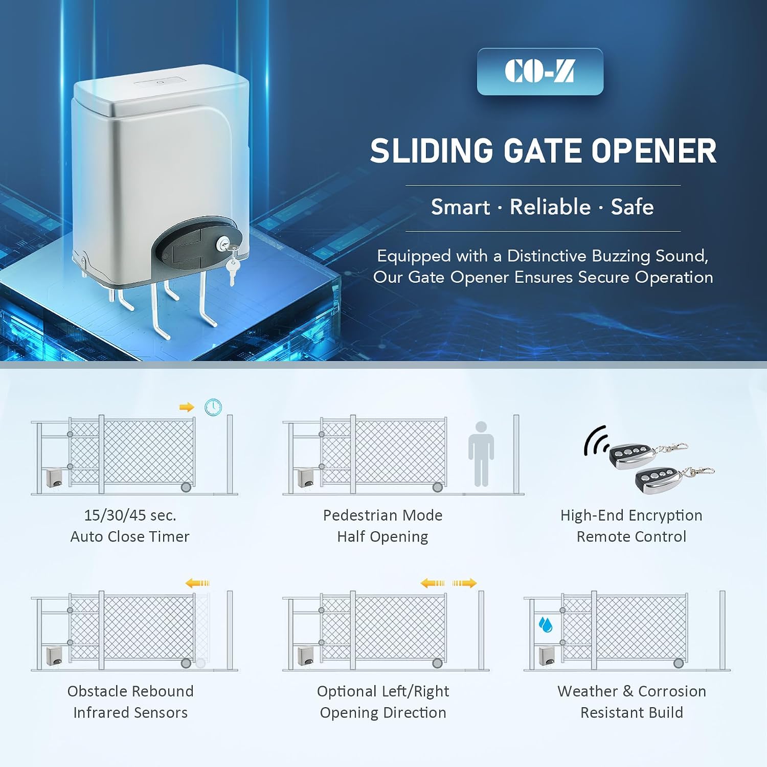 1400lb Rack Driven Sliding Gate Opener with Alarm System, 280W Automatic Gate Opener with Remote Controls, Electric