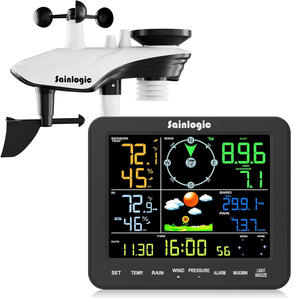 Wireless Weather Station with Rain Gauge & Wind Speed, Indoor Outdoor Thermometer, Humidity, Weather Forecast, Moon