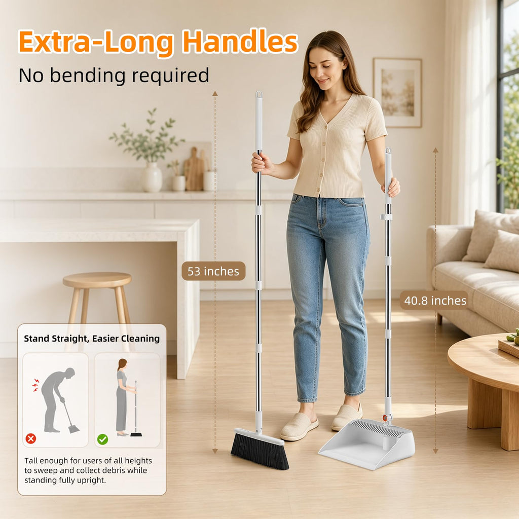 Broom with Dustpan Combo Set, 53" Long Handle, Includes 2 Broom Heads