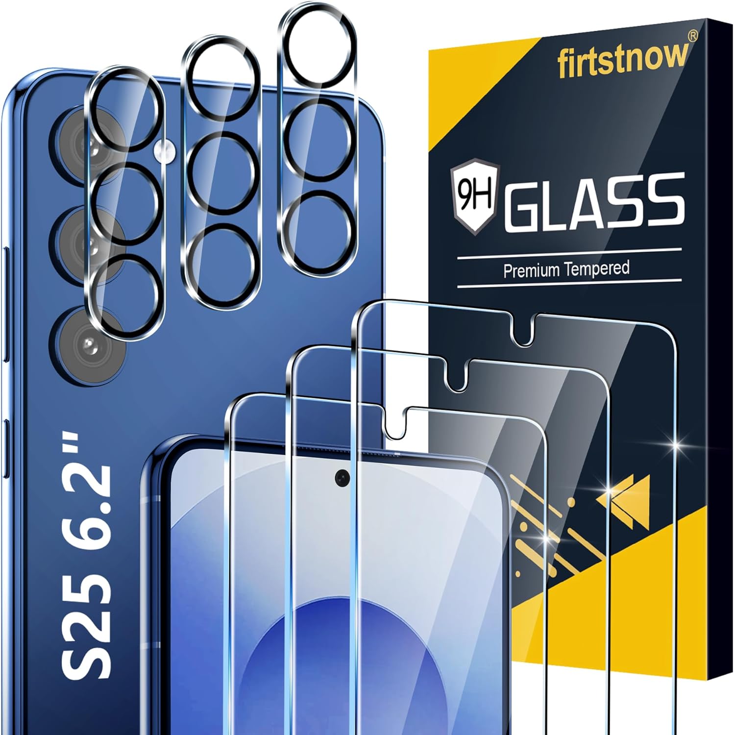 3 Pack for Samsung Galaxy S25 Screen Protector Tempered Glass + 3 Pack Camera Lens Protector, Military Grade