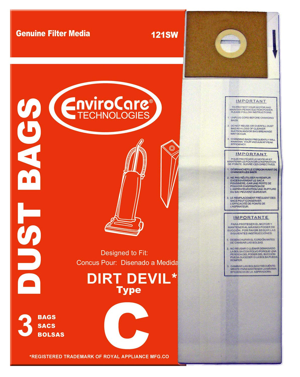 EnviroCare Replacement Vacuum Cleaner Dust Bags made to fit Dirt Devil Type C Uprights 3 pack