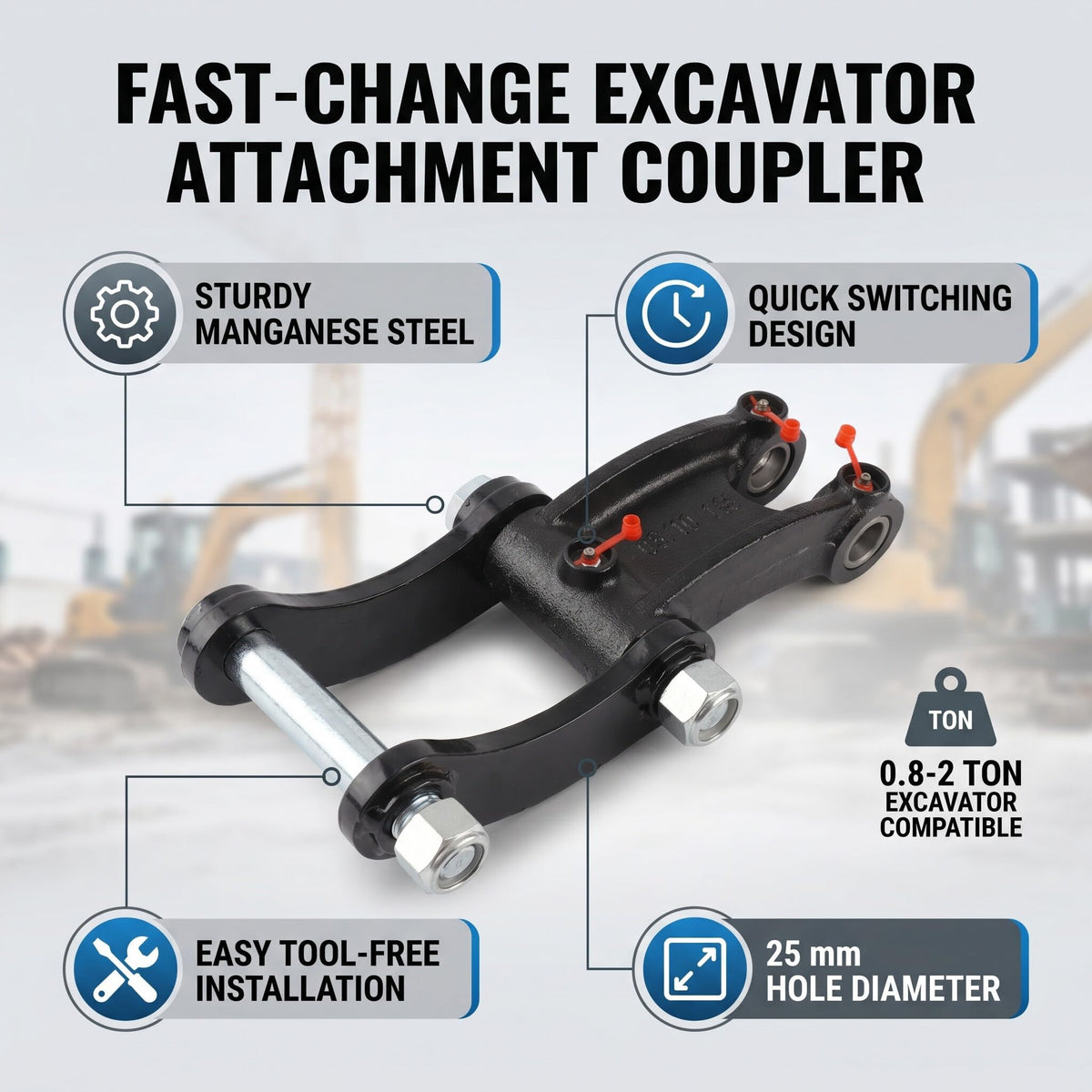 Eujgoov Mini Excavator Quick Coupler, Manganese Steel Quick Hitch Attachment for 0.8-2 Ton Small Excavators, with 25mm Installation Hole for Connection
