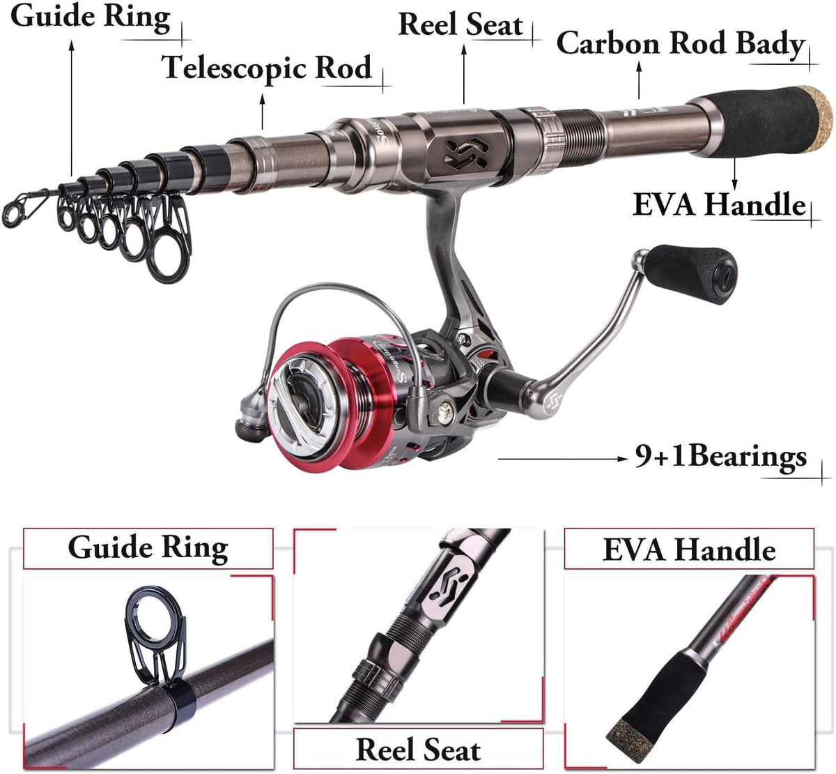 Fishing Rod Reel Combinations, 24 Ton Carbon Fiber, Portable Telescopic Fishing Rod Spinning Reels for Travel