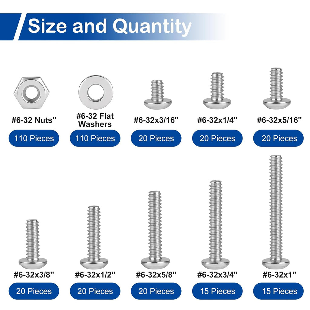 #6-32 x 3/16" to 1" Phillips Pan Head Machine Screws Kit with Nuts Washers