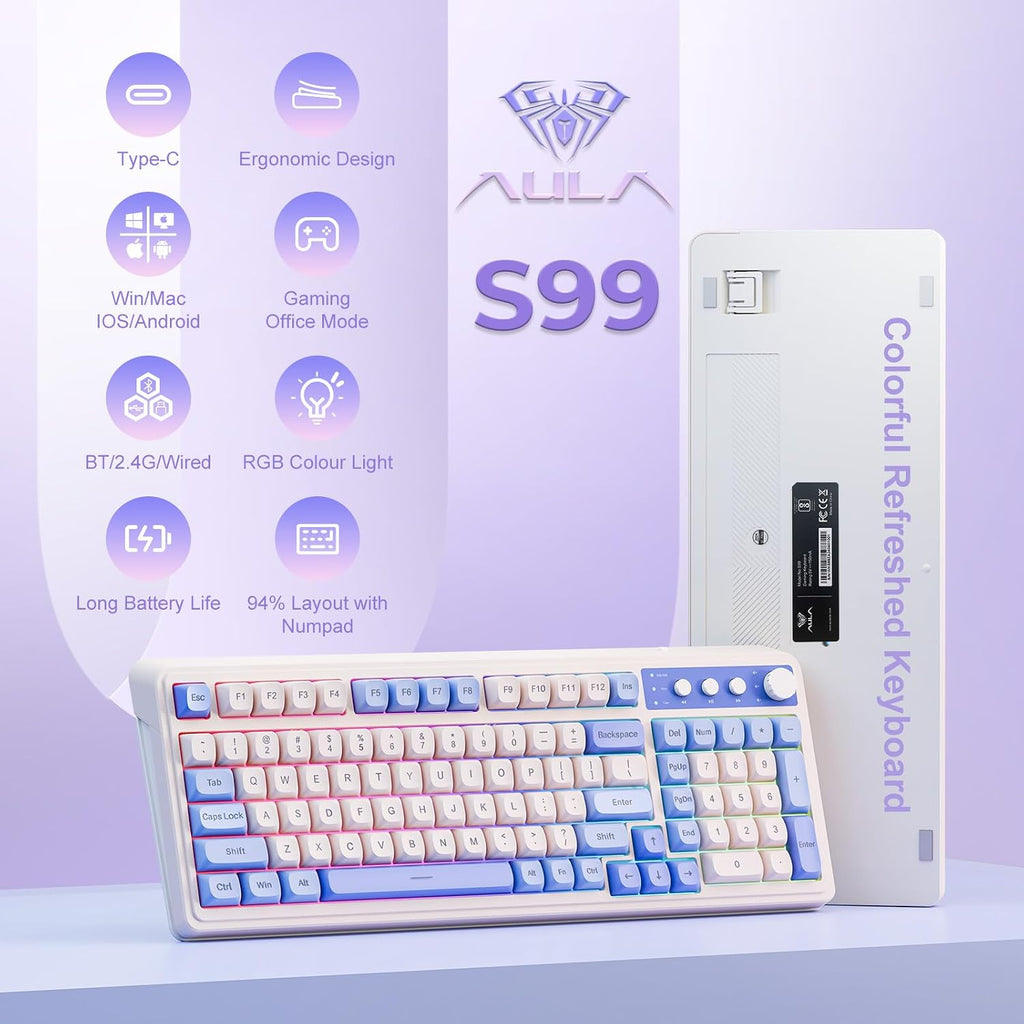 99 Key Purple Keyboard, Wireless Gaming Keyboard with Number Pad