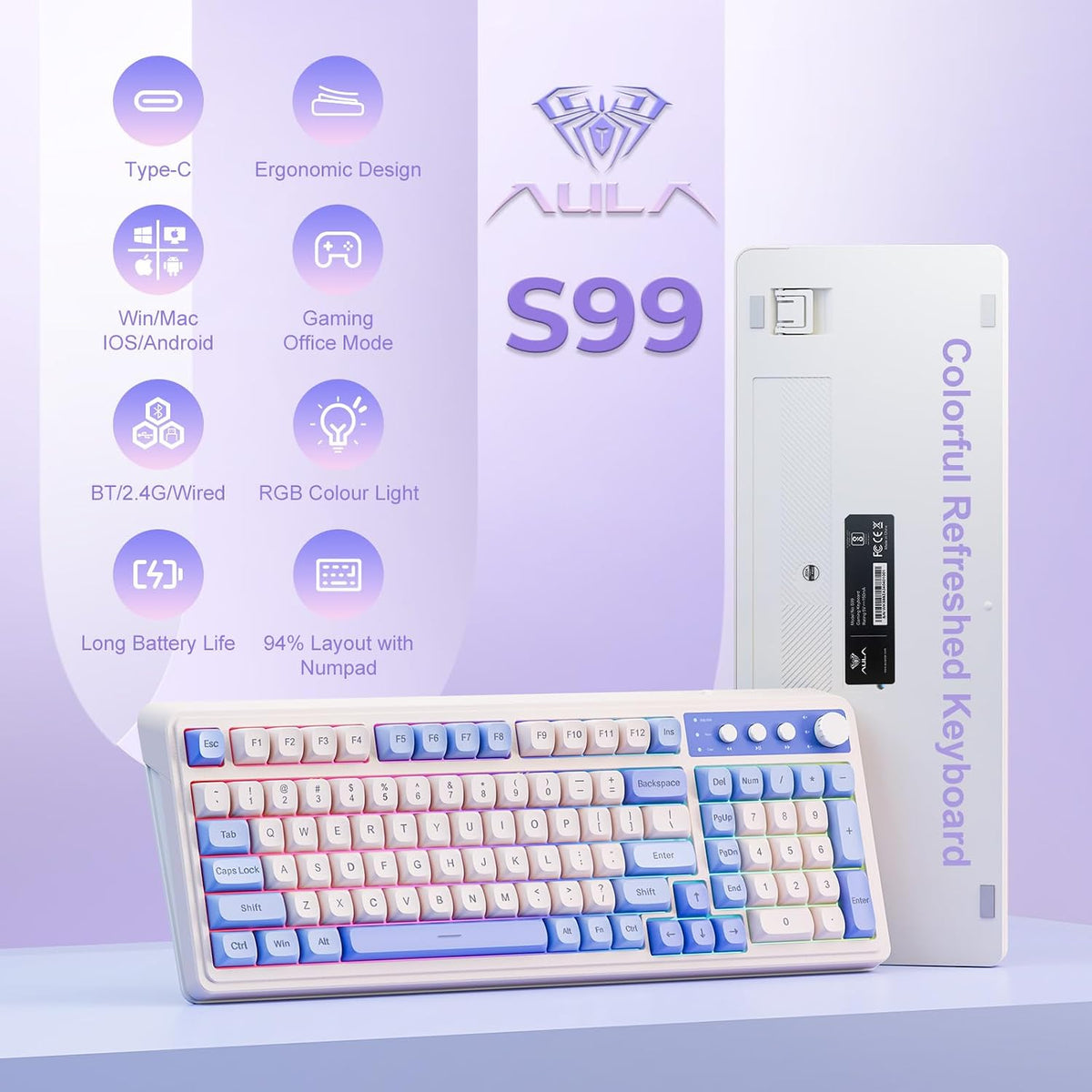 99 Key Purple Keyboard, Wireless Gaming Keyboard with Number Pad