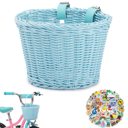 Multi-Color Hand-Woven Oval Kids Bike Basket with Leather Strap