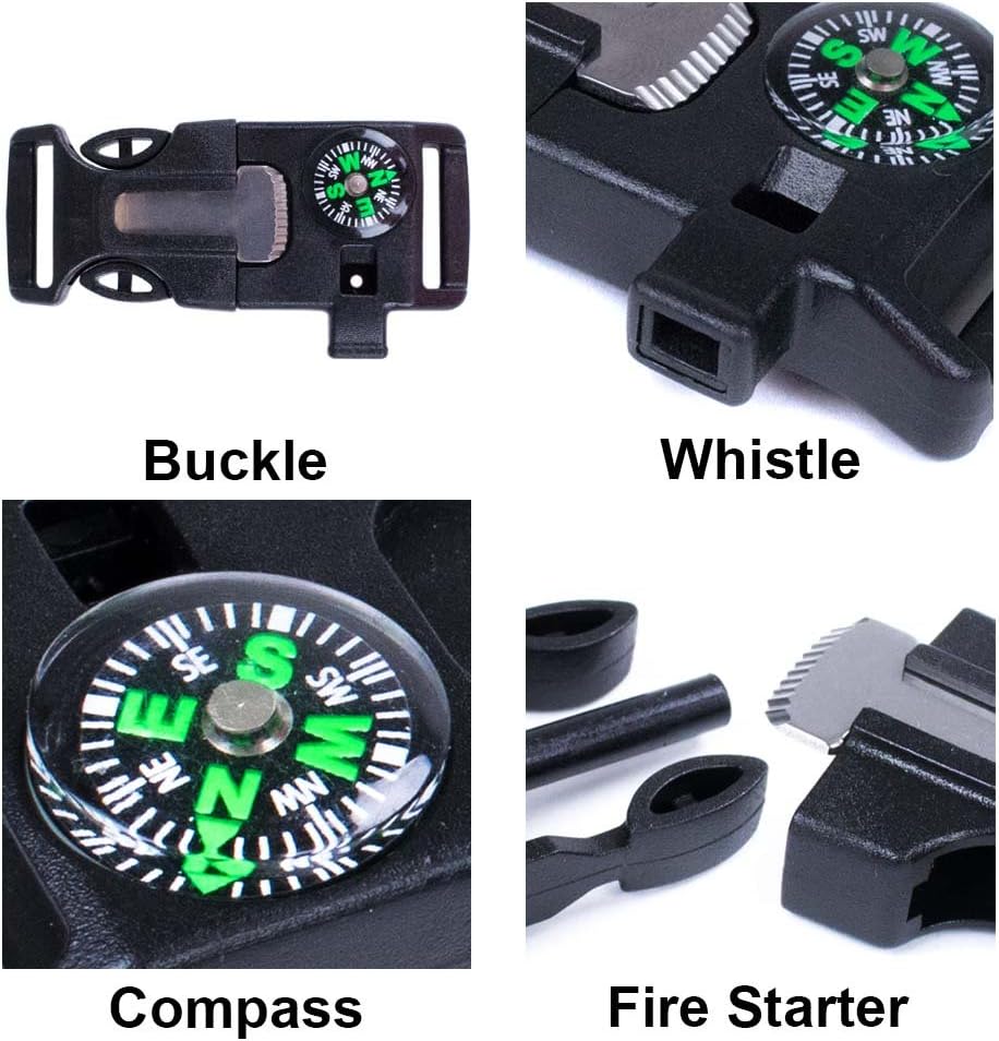 2 Pack and 10 Pack Emergency Whistle Buckle with Flint Scraper Compass and Fire Starter for Outdoor Camping Hiking