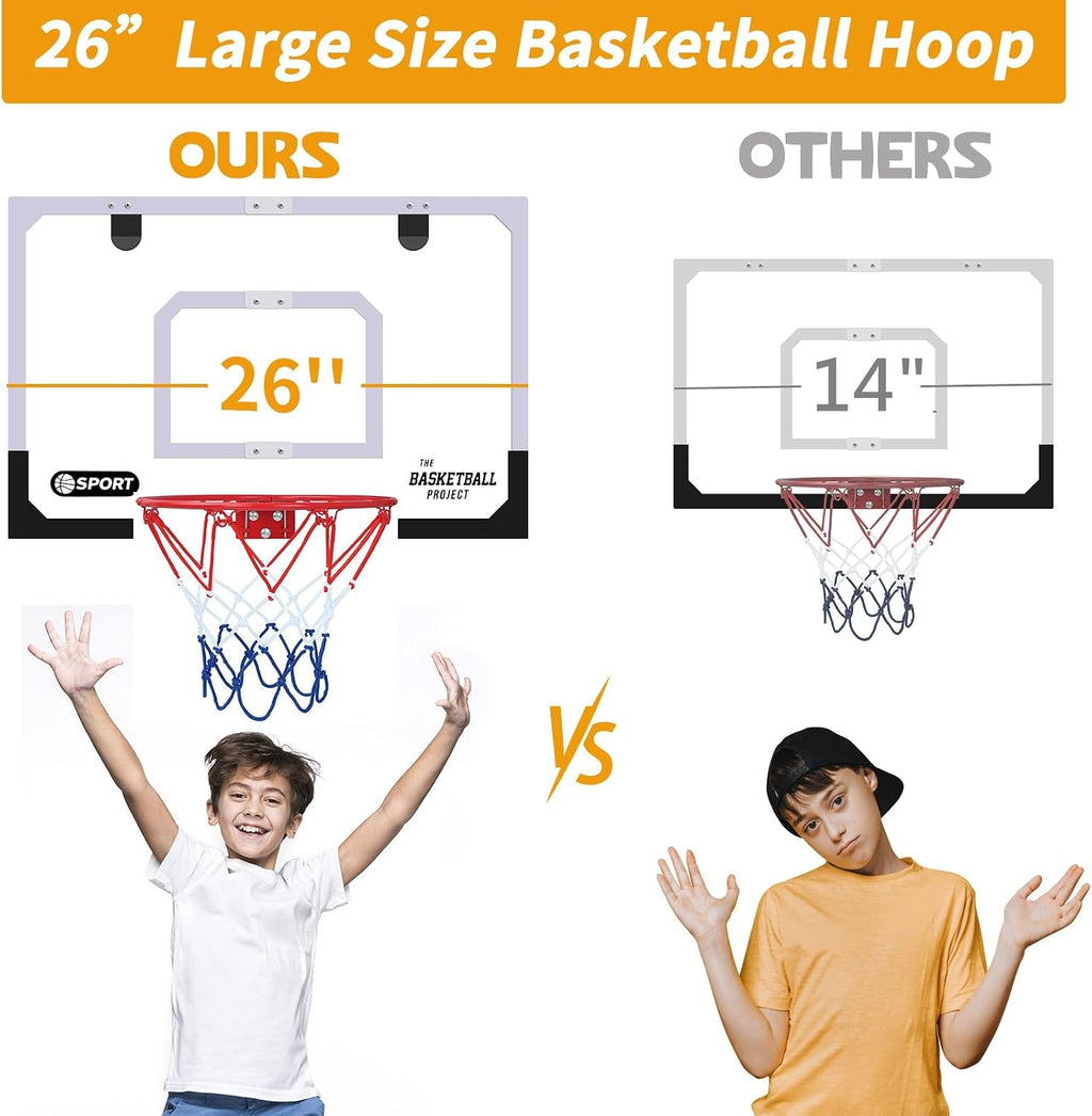 Upgrade Basketball Hoop Set - Extra Large 26" x 17" Pro Indoor | Indoor Basketball Hoop for Door&Wall with 2