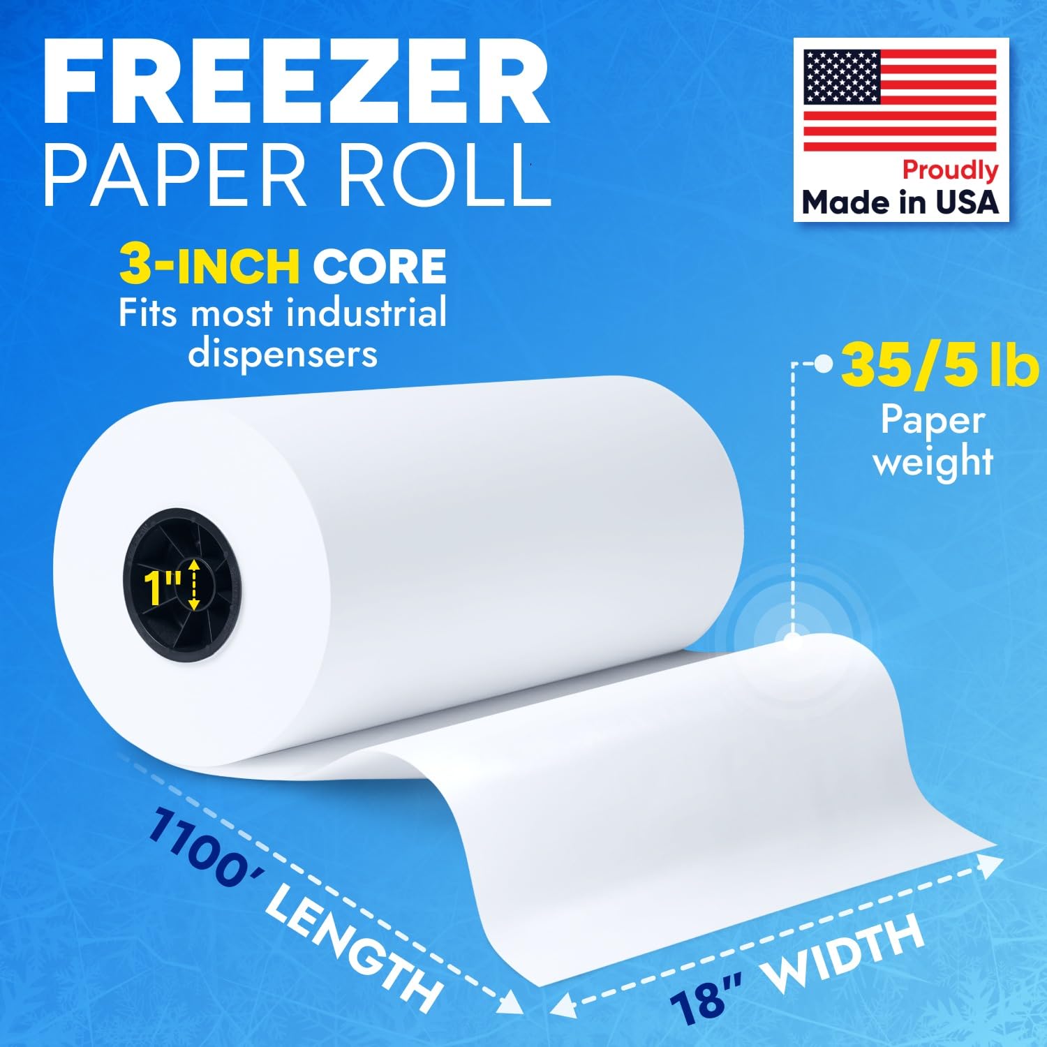 18" x 13200" (1100') Made in USA White Freezer Paper Roll – Moisture-Resistant Wrap, Prevents Freezer Burn, Keeps