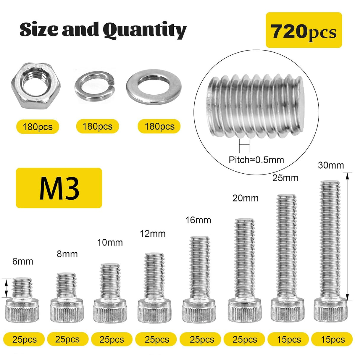 720PCS M3 Hex Socket Screw Assortment Kit,M3x6/8/10/12/16/20/25/30 mm
