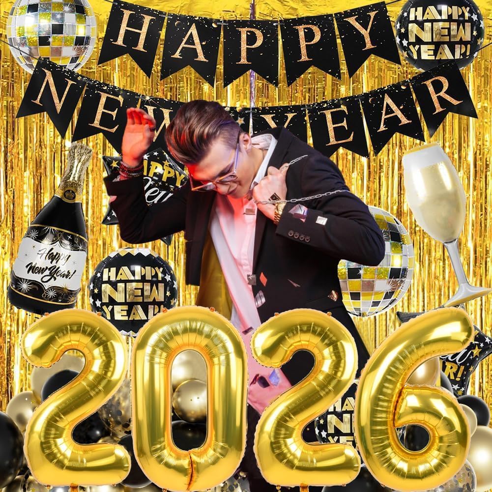 Happy New Year Party Decoration 2026 Foil Balloon Banner and Curtains Disco Balloons Champagne Balloon New Years Eve