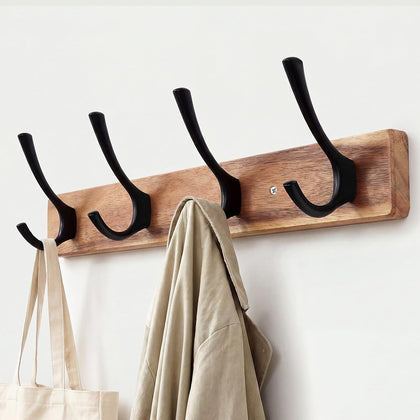 Coat Rack Wall Mount,Acacia Wood Coat Hooks Wall Mount,15" Wall Coat Rack with Heavy Duty 4-Double-Hooks,Hat Rack
