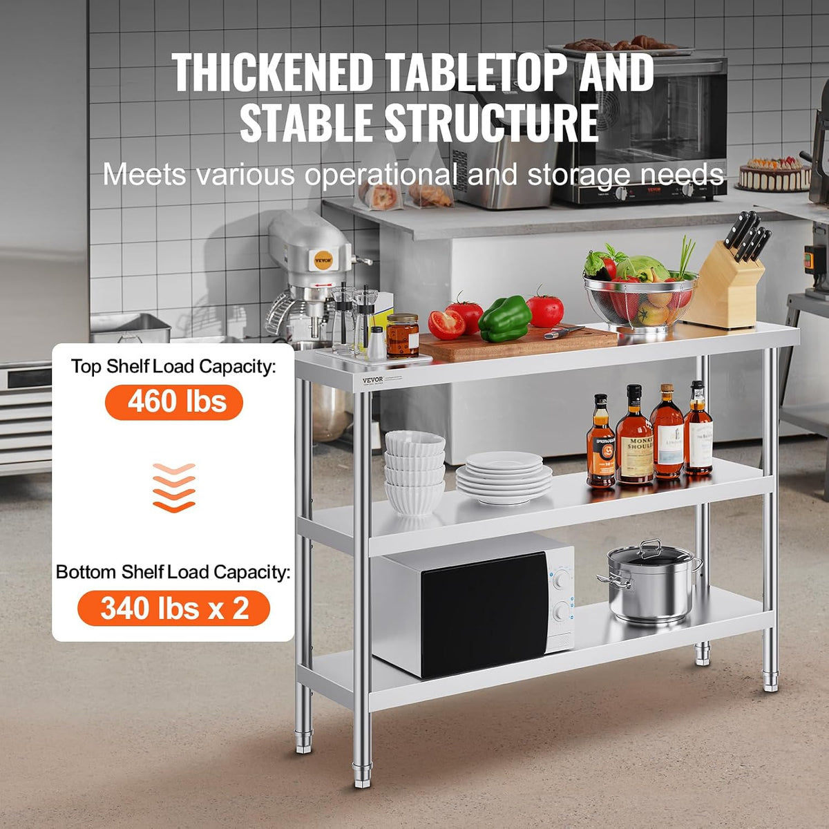 Stainless Steel Food Prep Table, 14 x 48 x 34 Inch Commercial Kitchen Worktable, with 2 Adjustable Undershelf, Heavy