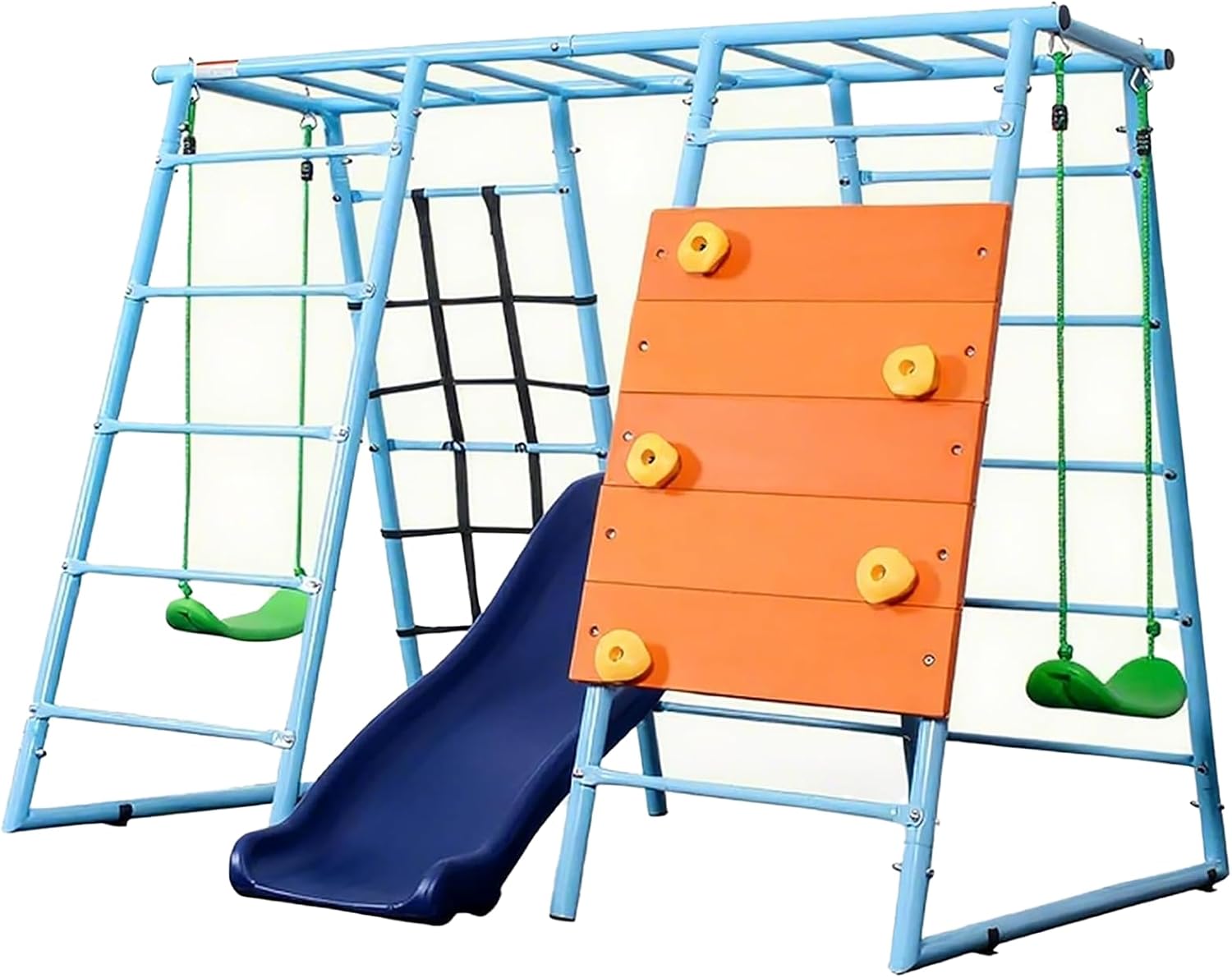 6 in 1 Indoor Playground, Metal Jungle Gym with Climbing Wall, Slide, Monkey Bars, Rope Ladders and Two Swings