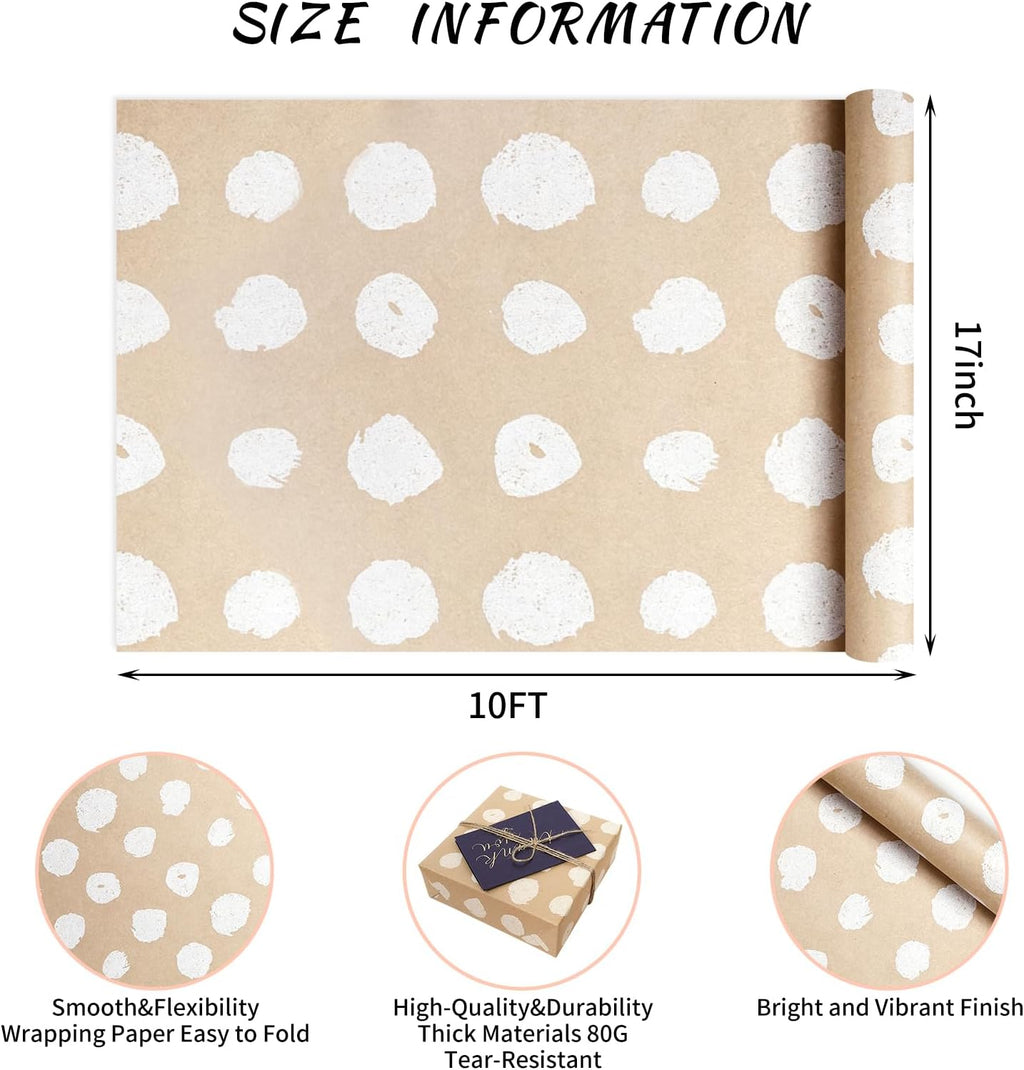 Kraft Wrapping Paper Rolls, Plain & Printed Wrap 17in x9.8ft for Gifts