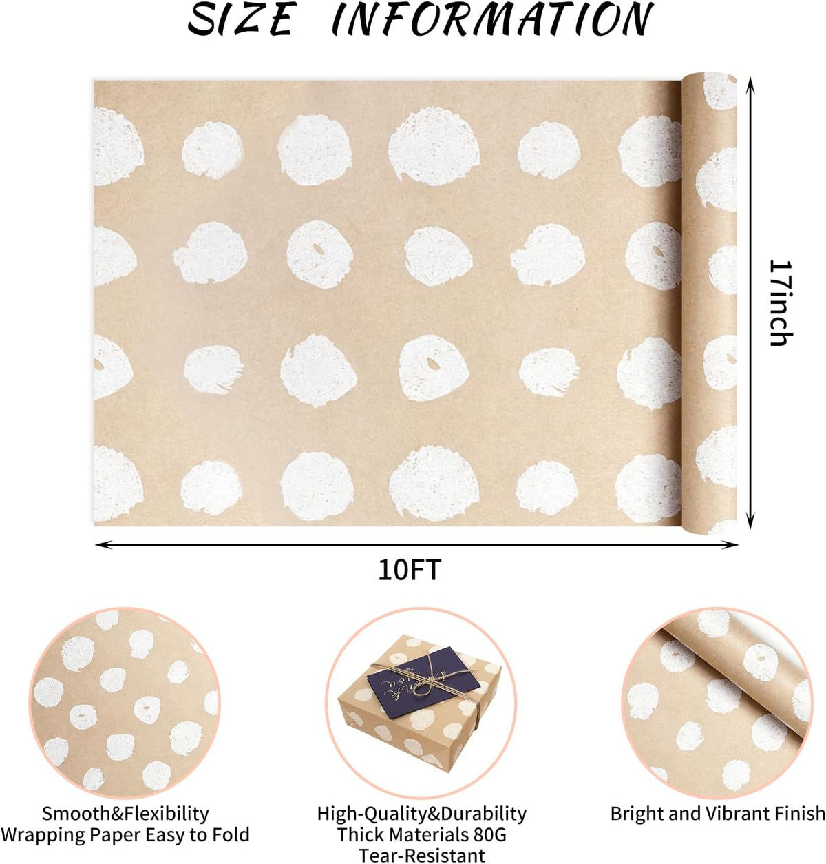 Kraft Wrapping Paper Rolls, Plain & Printed Wrap 17in x9.8ft for Gifts
