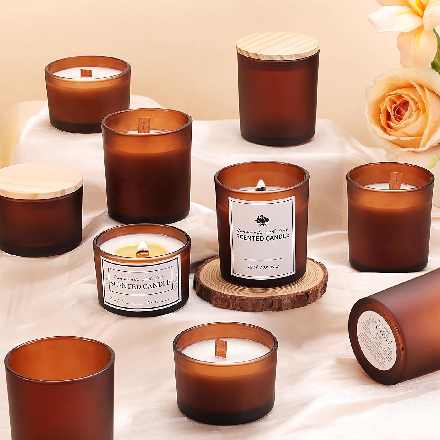 Forsted Amber Candle Jars with Lids, 16 Pcs Containers for Making Candles | Create DIY candles with 8pcs 8oz + 8pcs