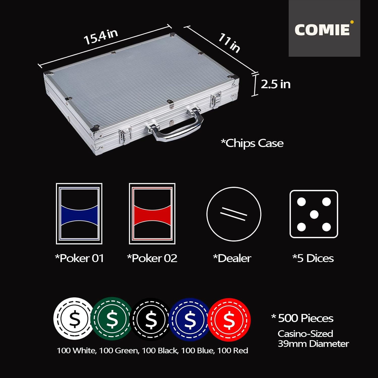 Poker Chips,500PCS Poker Chip Set with Aluminum Travel Case,11.5 Gram Poker Set for Texas Holdem Blackjack Gambling |