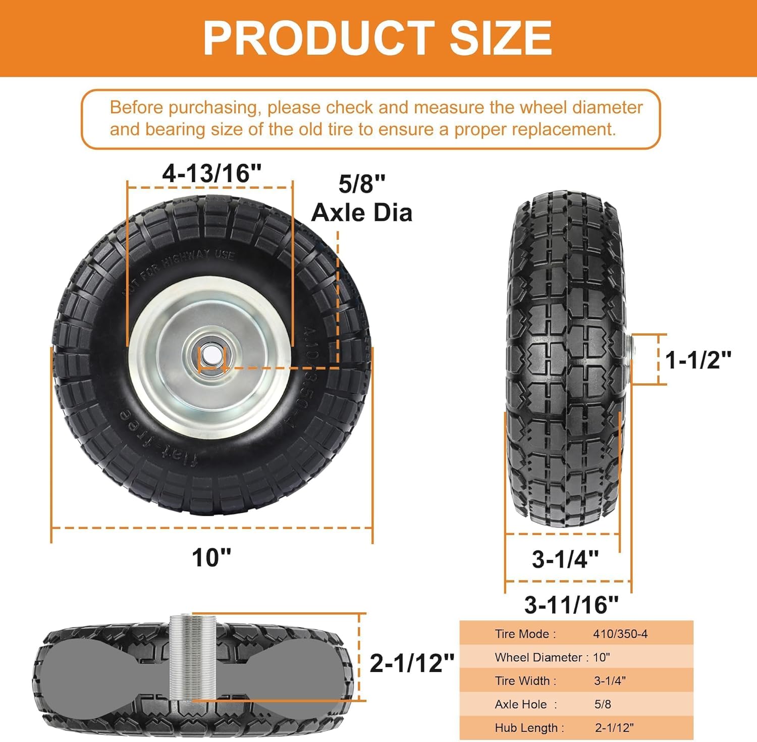 4.10/3.50-4 Tire and Dolly Wheel Flat Free - Solid Rubber Hand Truck Wheels 5/8" Axle - Gorilla Cart Tires