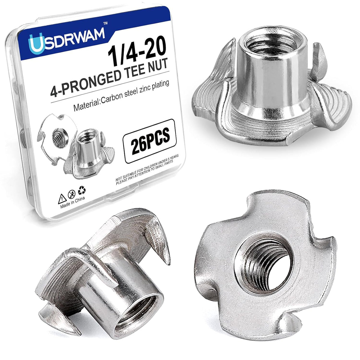 26PCS 1/4"-20 T Nuts for Wood, Zinc-Plated 4-Prong Tee Nuts