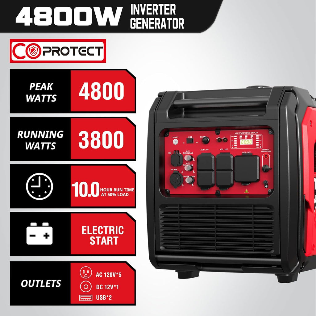 4800W Portable Inverter Generator,Parallel Ready&Electric Start Super Quite Gas Powered,RV Ready with 30A Outlet, EPA