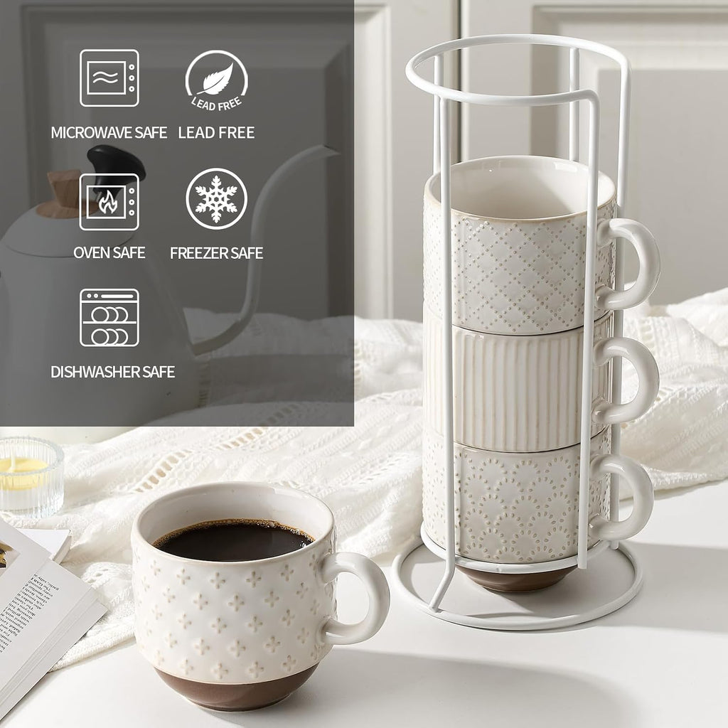 Large Ceramic Coffee Mug Set of 4 with Stand, 15 Oz Stackable Different Embossment Ribbed Latte Cup Set for