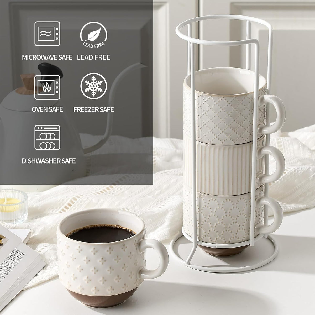 Large Ceramic Coffee Mug Set of 4 with Stand, 15 Oz Stackable Different Embossment Ribbed Latte Cup Set for