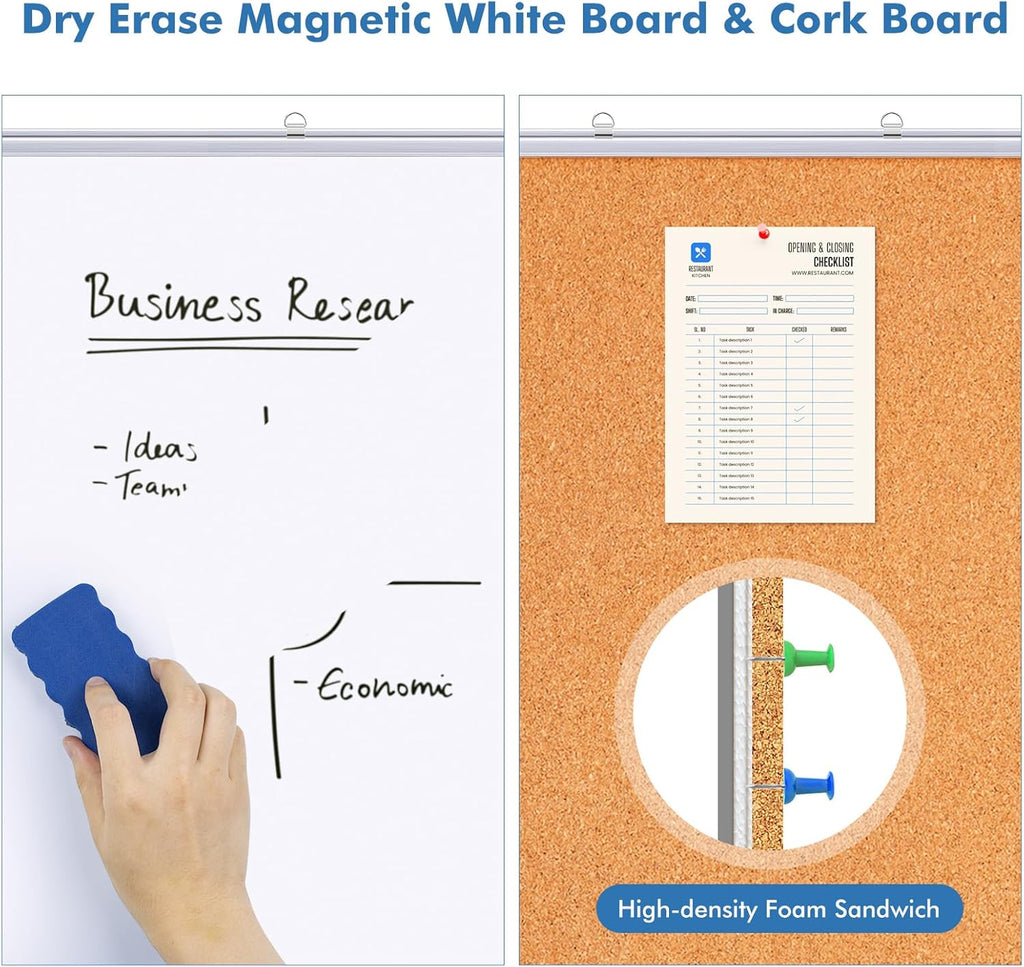 Magnetic White Board and Cork Board Combo, 48 X 36 inches Whiteboard Bulletin Combination Board, Wall Mounted Dry