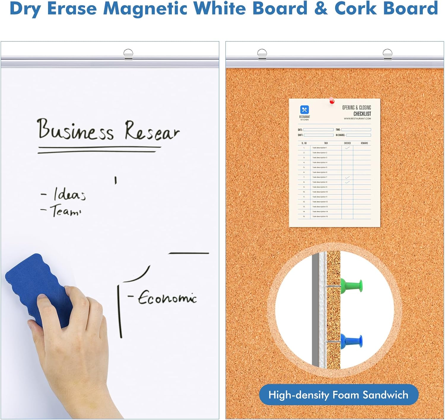 Magnetic White Board and Cork Board Combo, 48 X 36 inches Whiteboard Bulletin Combination Board, Wall Mounted Dry