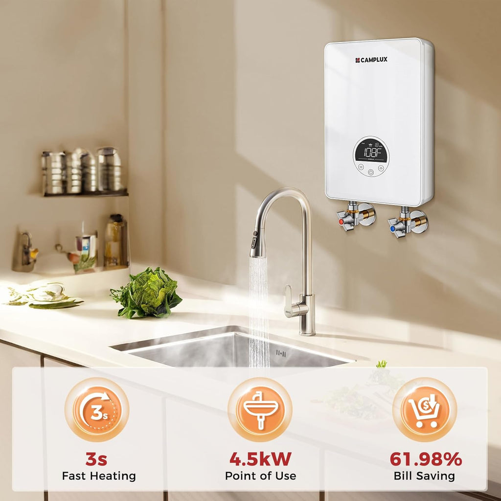 CAMPLUX Tankless Water Heater Electric 4.5kW 110~120V Small Instant Hot Water Heater, Point-of-Use, Save Space for