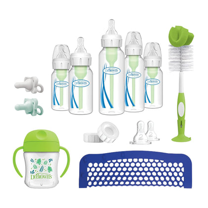 Natural Flow Anti-Colic Options+ First Year Feeding Set with Newborn Baby Bottles, Soft Spout Transition Cup, Bottle