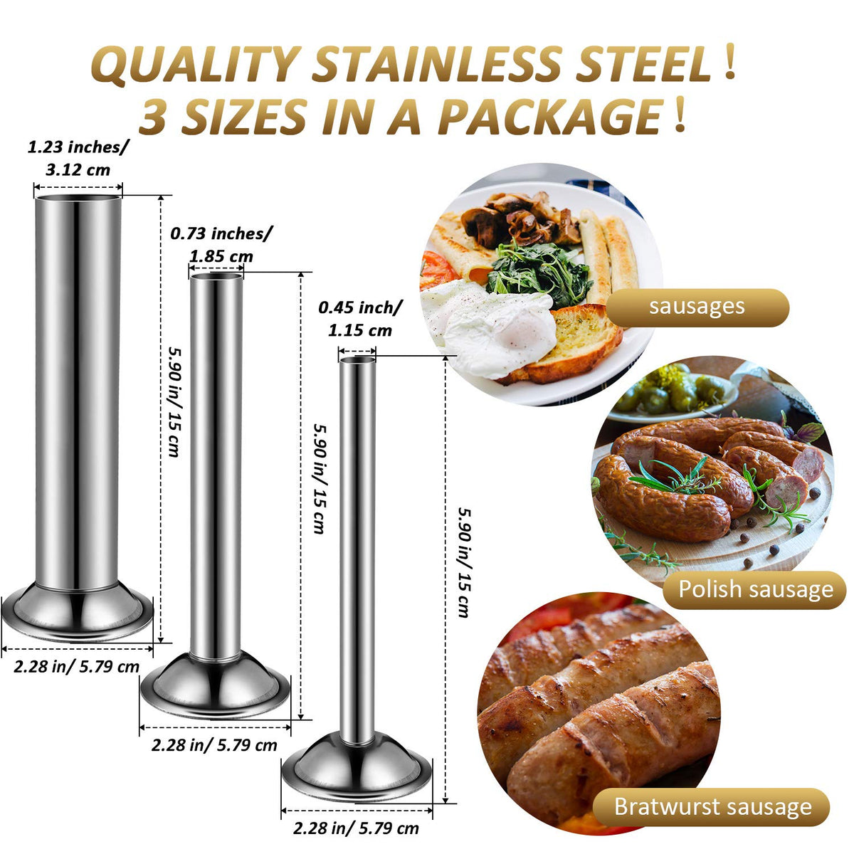 3 Pcs Sausage Stuffer Tubes for Size 5 Grinder, 3 Sizes