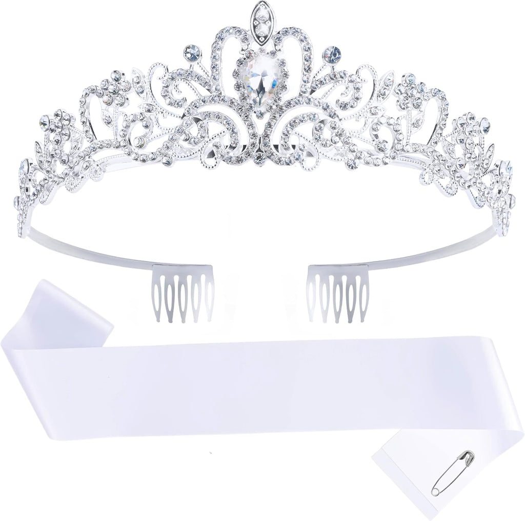 Custom White Sash and Crown, Silver Tiara Crown with Blank Satin Sash for Women Girls Sparkly Rhinestone Tiara Make