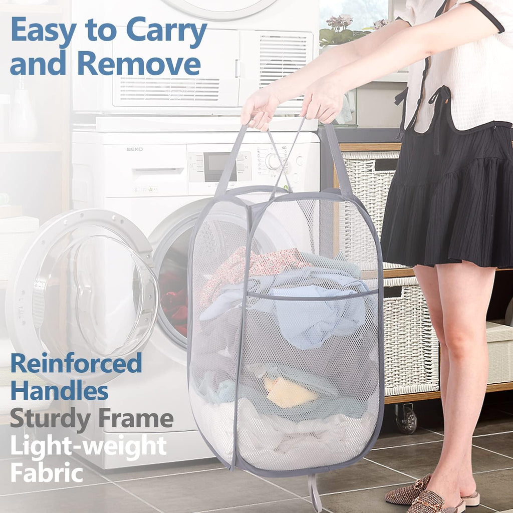 Deluxe Strong Mesh Pop up Laundry Hamper Basket with Side Pocket for Laundry Room, Bathroom, Kids Room, College Dorm