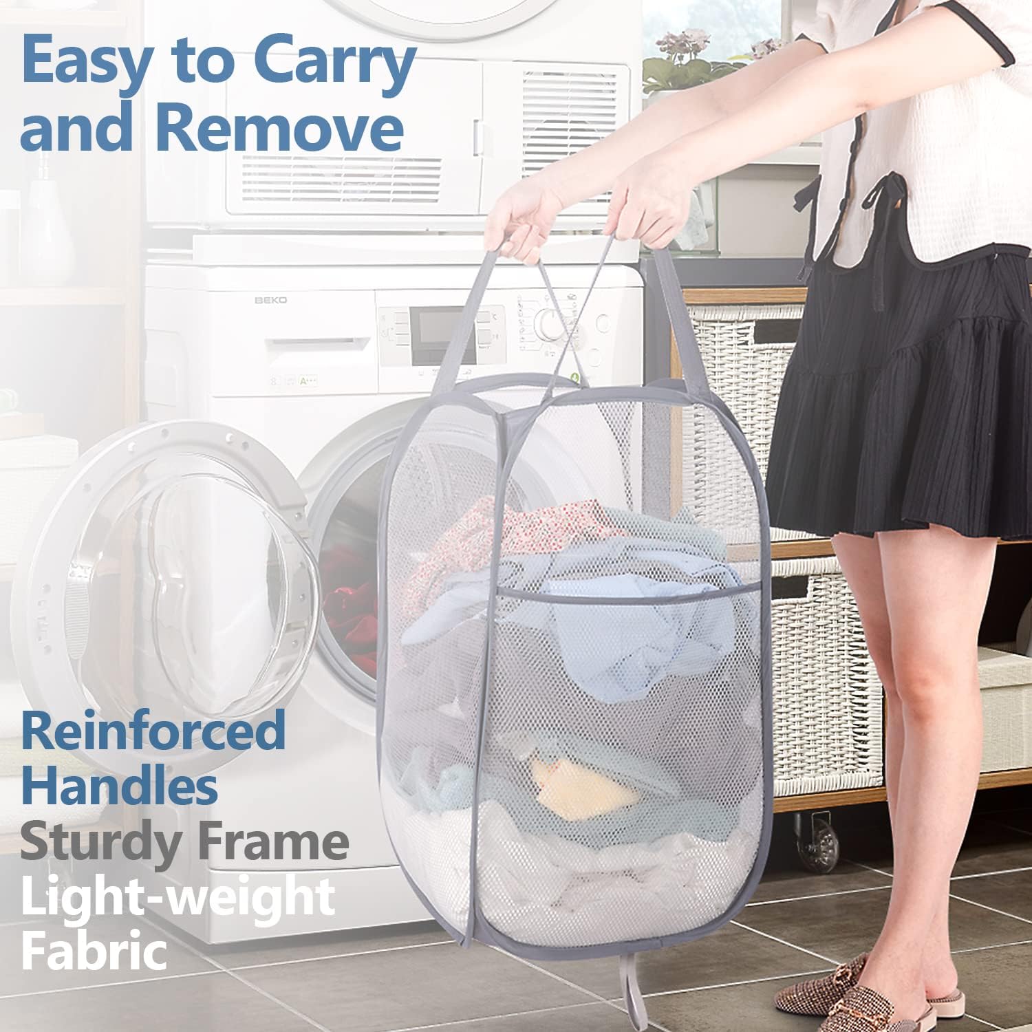 Deluxe Strong Mesh Pop up Laundry Hamper Basket with Side Pocket for Laundry Room, Bathroom, Kids Room, College Dorm