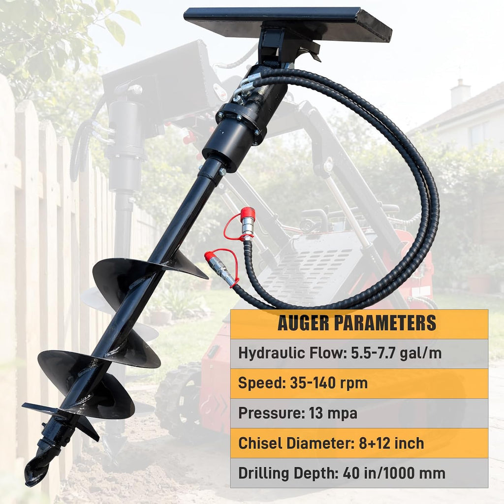 Auger Attachments for Mini Loader, with 8"+12" Drill Bits Hydraulic Post Hole Digger Attachment, Tree Planting, Fence