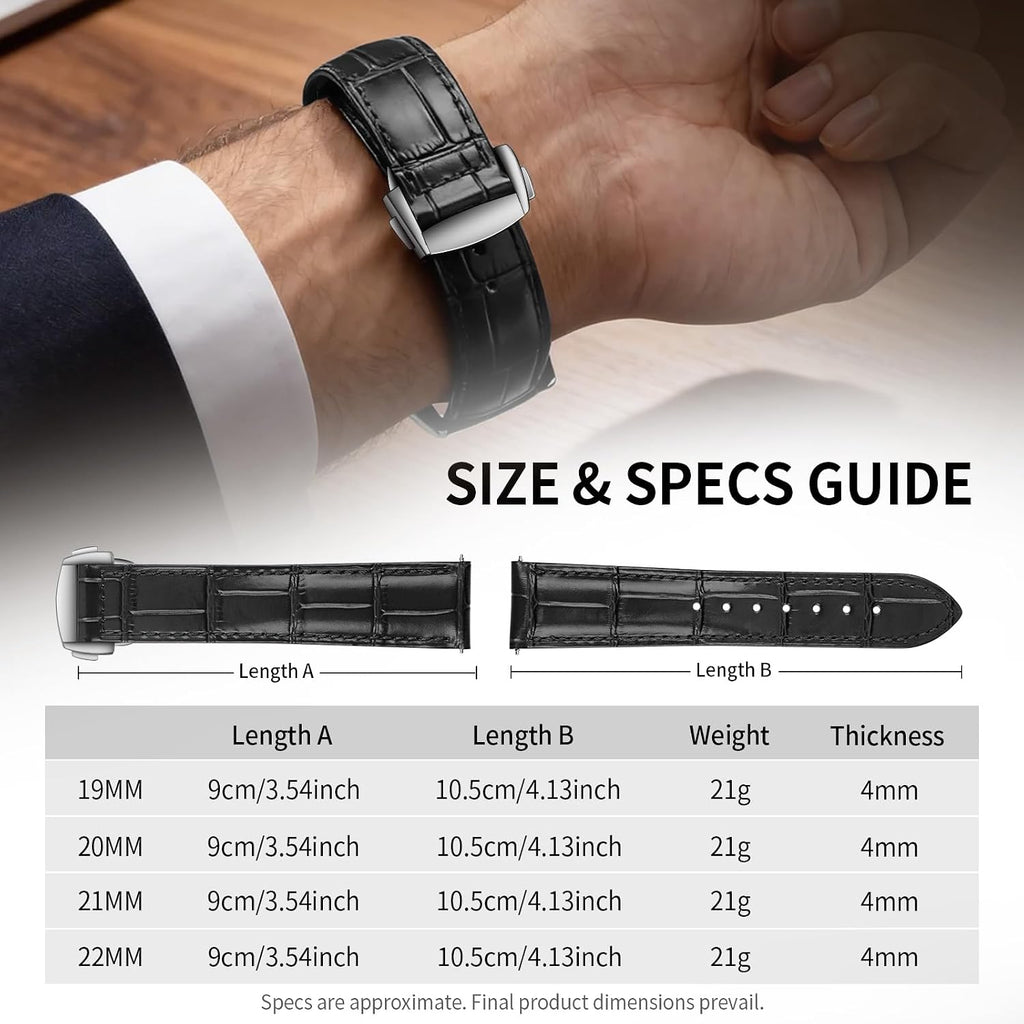 Genuine Leather Watch Strap Deployment Clasp, 22mm Leather Watch Band for Men Women, Soft Ultrathin Classic
